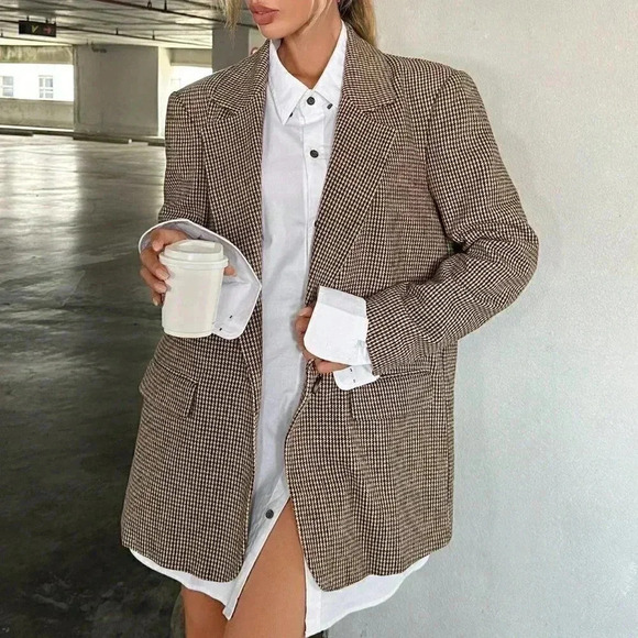 Brown Preppy Womens Lapel Neck Flap Detail Single Button Blazer - Picture 1 of 5